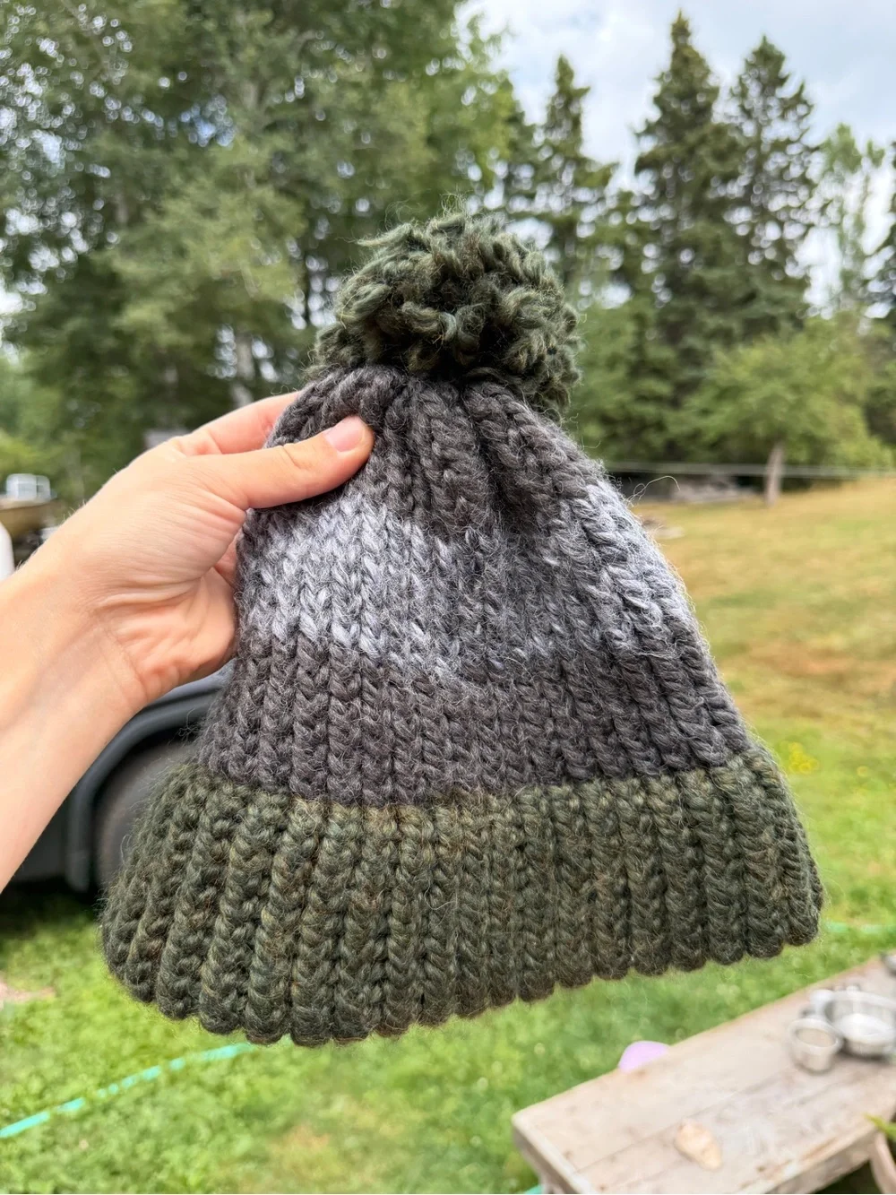 Handmade Pom-Pom Knit Beanie Hat - Olive & Gray